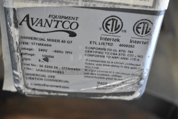 Avantco MX40H 40 Qt Commercial Dough Mixer; includes bowl, guard, paddle, whisk, hook; 240V, 1 Phase. Label indicates UL, CSA, NSF compliance.