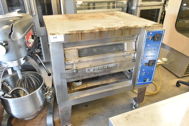 Bakers Pride EP-2-2828 Super Deck 2-deck pizza oven on casters, stainless steel, electric, 208V, 1-phase, visible wear.