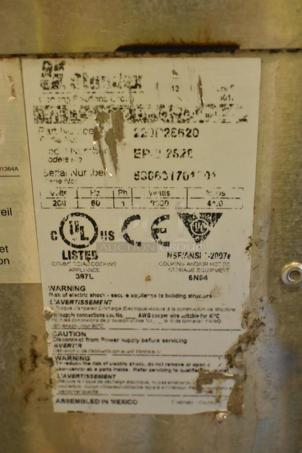 Bakers Pride EP-2-2828 pizza oven tag, showing model, UL and CE listed, 208V, 1 phase, assembled in Mexico.