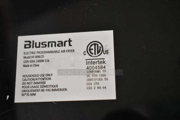 Blusmart HF-898LCD Air Fryer label showing model, 120V, 1400W, 3.5L capacity, ETL certification, made in China.