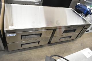 Brand new Avantco 178CBE72HC stainless steel 4-drawer chef base on commercial casters, 115V, 1 phase, minor scratches visible.