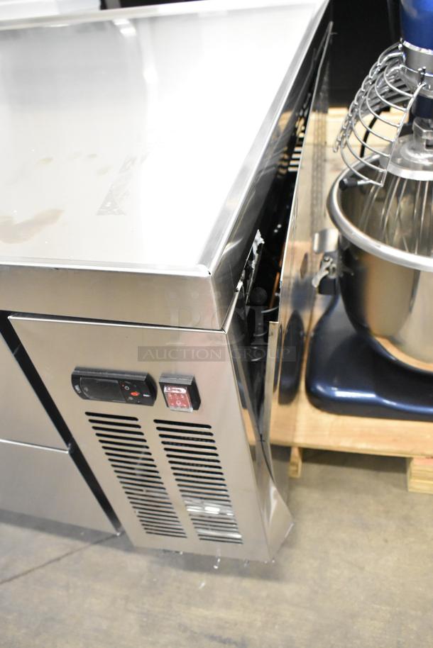 Stainless steel Avantco 4-drawer chef base, model 178CBE72HC, brand new with minor scratches, on commercial casters.