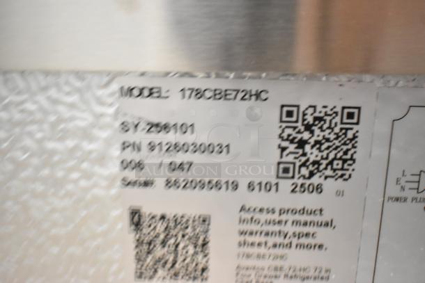Label on Avantco 178CBE72HC chef base showing model, serial and part numbers; indicates commercial use.