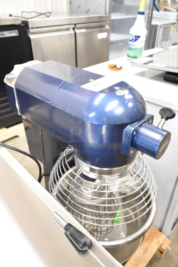 BRAND NEW Waring WSM20LT Luna 20 Quart Metal Countertop Planetary Dough Mixer with mixing bowl, bowl guard, and whisk.