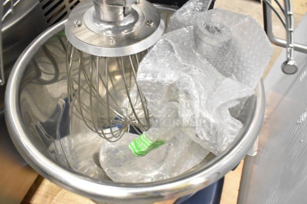 Brand new Waring WSM20LT 20 Quart Planetary Dough Mixer with metal bowl, whisk, and bowl guard, 120V, minor scratches.