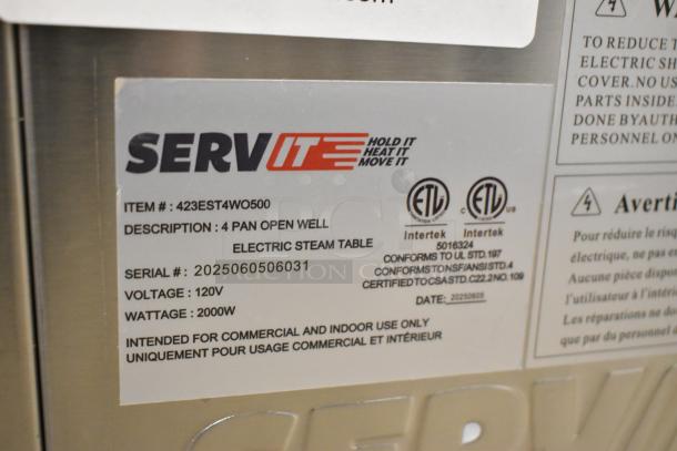 "ServIt 423EST4WO500 steam table label, showing model, serial number 2025060506031, 120V, 2000W specifications."