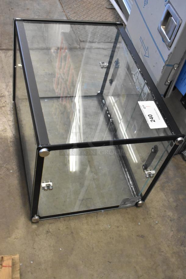 BRAND NEW SCRATCH AND DENT! KoolMore KM-DC-2CSBK countertop display case, black frame, clear panels, tagged "Lot 240."