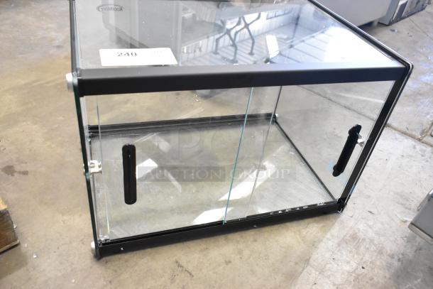 BRAND NEW KoolMore KM-DC-2CSBK countertop display case with minor scratches, glass panels, and black frame. Marked as item 240.