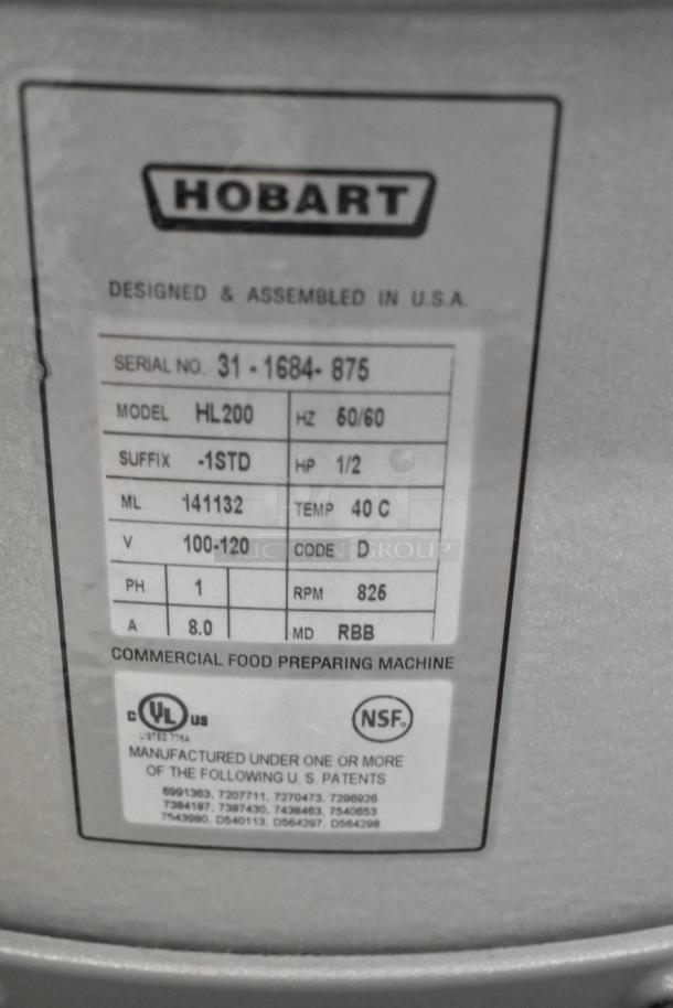 Hobart Legacy HL200 dough mixer label, model HL200, 100-120V, 1 Phase, serial no. 31-1684-875, NSF and UL certified.