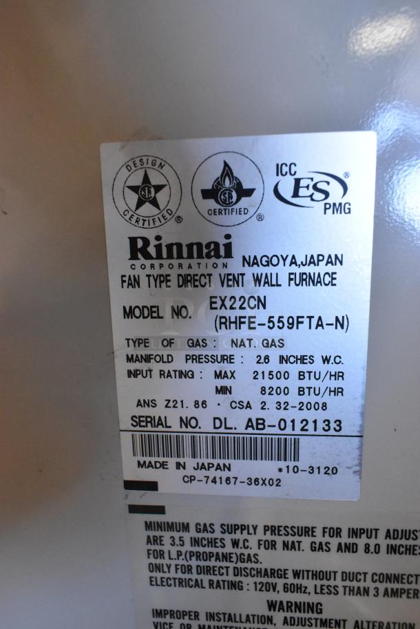 Rinnai EX22CN natural gas direct vent wall furnace, model RHFE-559FTA-N, 21500 BTU/hr max, serial DL AB-012133, made in Japan.