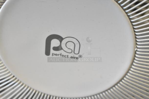 Perfect Aire floor fan, 120 volts, 1 phase. Logo displayed on protective grille. Auction includes two fans.