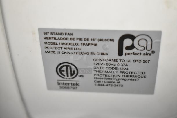 Perfect Aire 16" stand fan label, model 1PAFP16, 120V, thermally protected, ETL certified. Made in China.