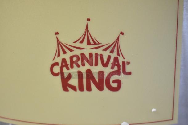 Carnival King 382TCMPT16A crepe maker logo on scratched surface. Stainless steel, 16-inch, non-stick, 120V, 1 phase.