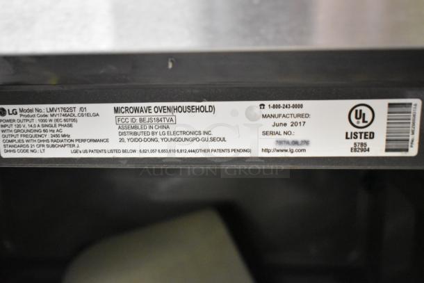 LG LMV1762ST stainless steel microwave oven, 120V, single phase, June 2017. Includes plate. UL listed label visible.