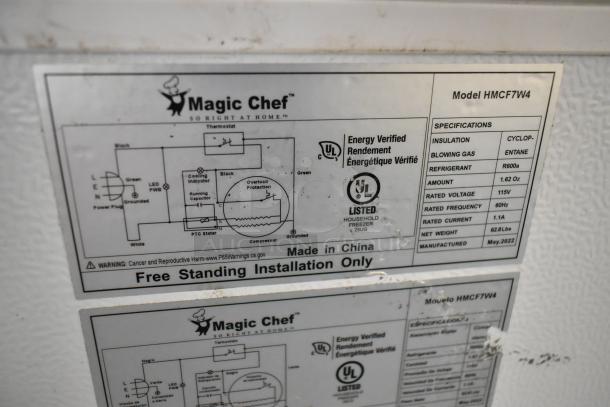 Magic Chef HMCF7W4 chest freezer label detailing energy certification, specifications, and manufacturing info, May 2022.
