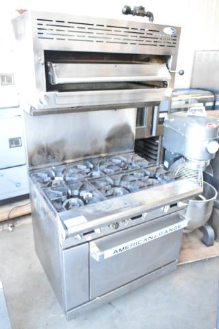 American Range stainless steel 6-burner commercial gas range with oven, salamander cheese melter, and backsplash. Used condition.