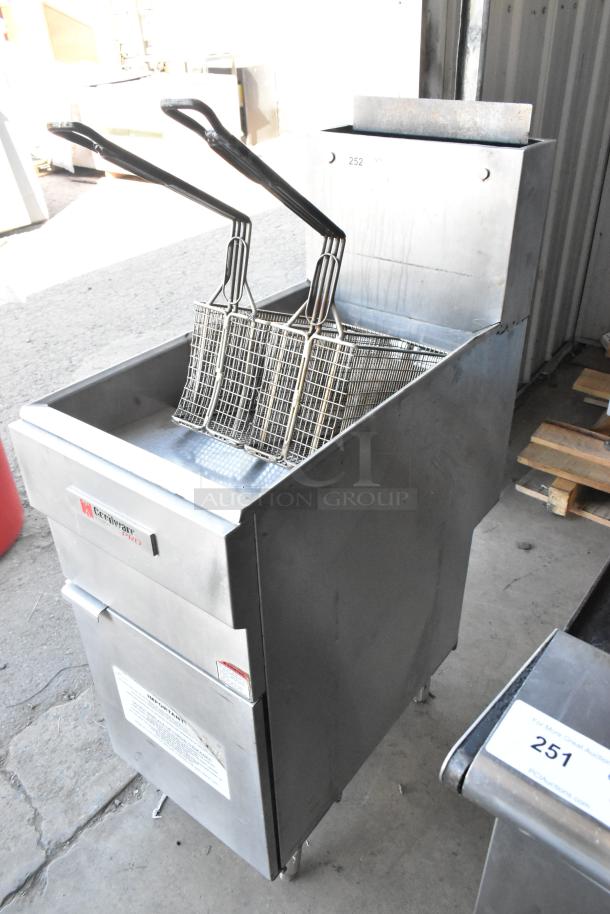 Cecilware stainless steel commercial deep fryer with two metal fry baskets, floor model, durable and ideal for high-volume use.