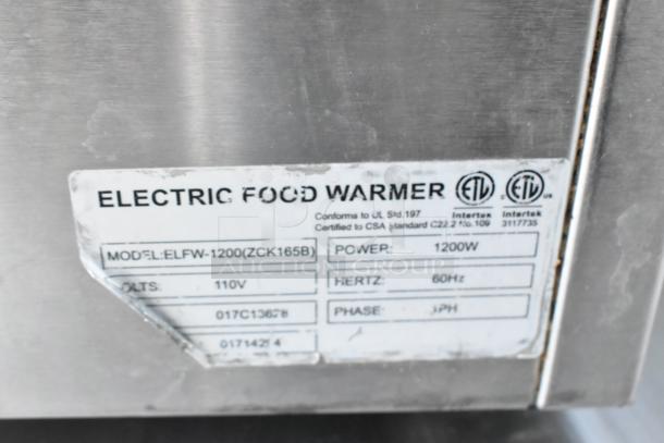 CAC ELFW-1200 Stainless Steel Food Warmer, 120V, 1 Phase. Label shows model, 1200W power, and safety certifications.
