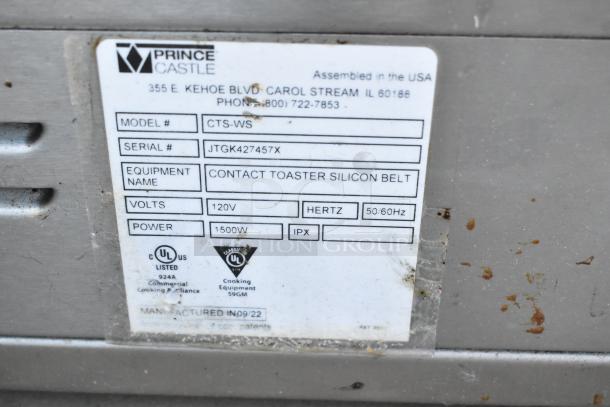 Prince Castle CTS-WS stainless steel vertical contact toaster with silicon belt, 120V, 1,500W. Model label shown.