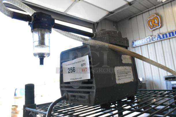 Lot of metal fry basket, poly bin, and motor. Visible tag shows "256 QTY Vx3" on motor. Items appear used.
