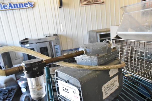 Lot of metal fry basket, poly bin, and motor. Visible wear on motor, tag reads "Lot 256, QTY VX3."