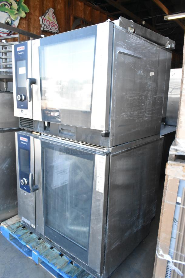 2020 Rational iCombiPro stainless steel convection ovens, electric-powered, stacked, visible wear, model LM100CE.AXXXX/LM100EE.AXXXX.