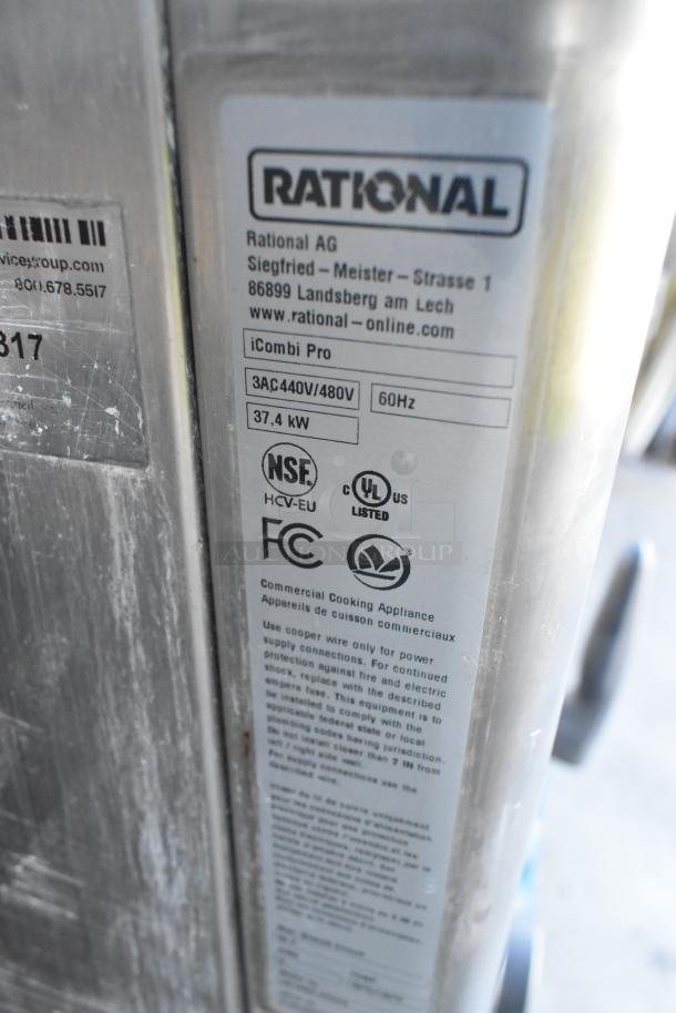 Rational iCombiPro convection oven label showing model LM100CE.AXXXX/LM100EE.AXXXX, 440/480V, 3-phase, UL listed.