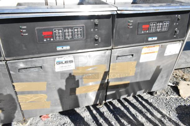 Giles EOF-24 stainless steel 3-bay deep fat fryer with digital controls, dumping station, and commercial casters. 480 Volts.