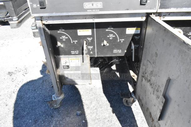 Giles EOF-24 stainless steel commercial 3-bay deep fat fryer with dumping station, on casters, 480V, model label visible.