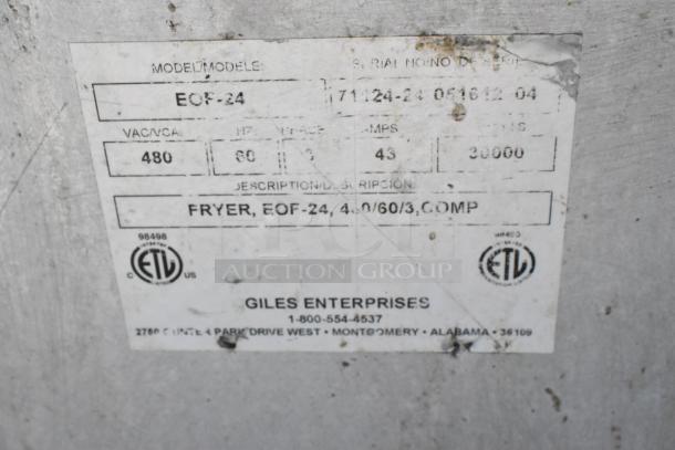 Giles EOF-24 commercial electric 3-bay fryer label, 480 volts, model EOF-24. Includes serial number, ETL certification, and contact info.