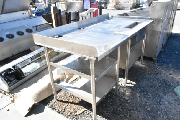 Stainless steel soda station with under shelves, showing durable construction and ample storage. Used condition.