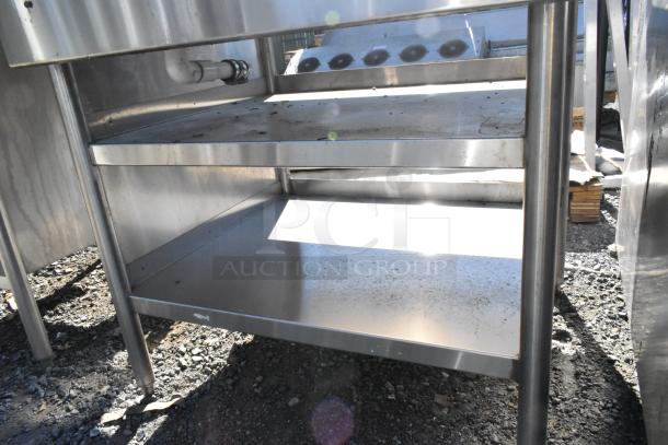Stainless steel soda station with under shelves, showing clean lines and durable build. Ideal for commercial use.