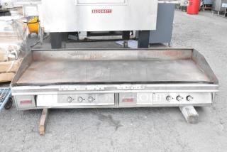 Lang 172T-480V stainless steel commercial flat top griddle, electric-powered, 480V, 3-phase. Various controls visible. Used condition.
