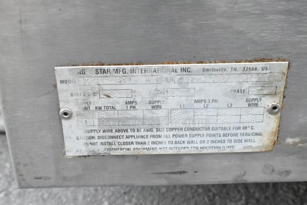 Lang 172T-480V Stainless Steel Griddle label; shows model, voltage, and phase details, indicating 480V, 3-phase use.