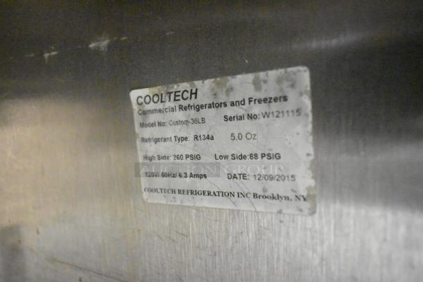 Cooltech Custom 36LB Stainless Steel Undercounter Cooler, 2-door, 115V, 1 phase. Label shows refrigerant type R134a, 5oz.