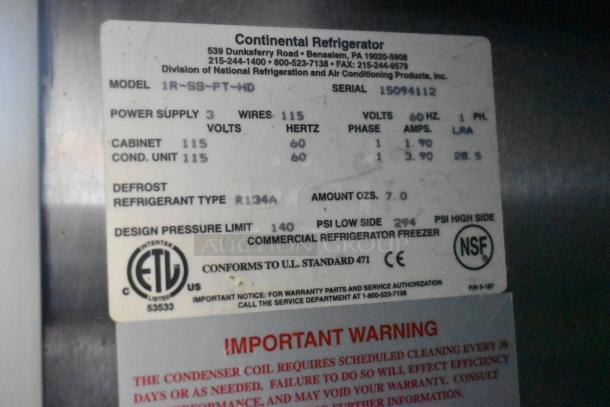 Continental 1R-SS-PT-HD stainless steel cooler label showing specs; 115V, 1 phase, R134A refrigerant, NSF certified.