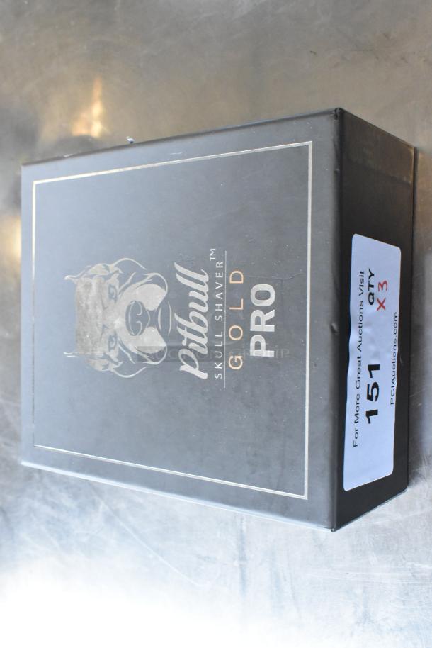 Brand new Pitbull Gold Pro PBG4-8700 head and face shaver box, labeled with auction tag "151" and "QTY X3".