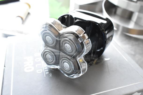 3 Brand New Pitbull Gold Pro PBG4-8700 head and face shavers with 4 rotary blades, pristine condition, on branded box.