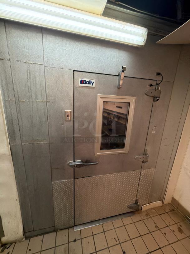 Bally 8'x14' walk-in cooler with Copeland M6KP-0112-TAC-072 compressor, showing branded door and control panel, tiled floor.