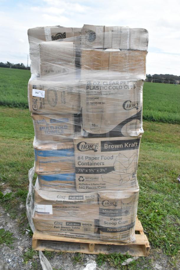 Stack of 33 new scratch and dent items on a pallet, including paper towels, cups, plates, and containers. Multiple brands visible.