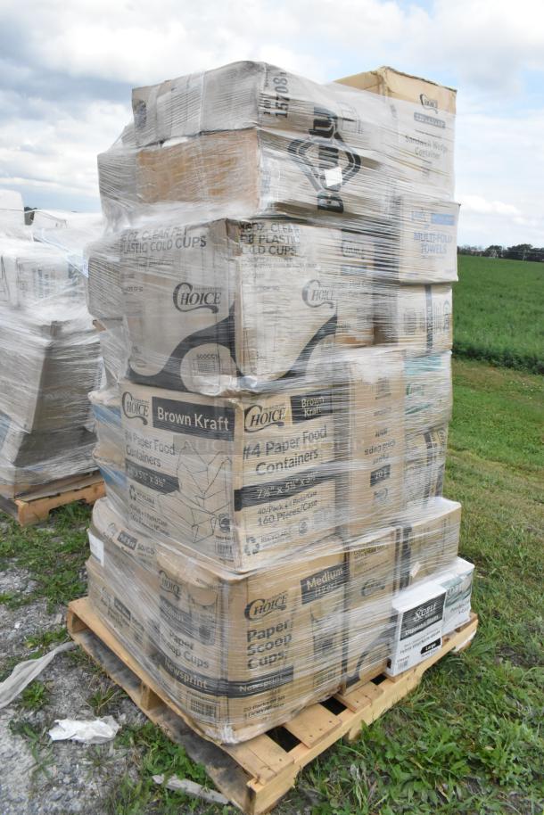 Pallet of 33 scratch and dent items wrapped in plastic, including paper towels, cups, plates, and containers.