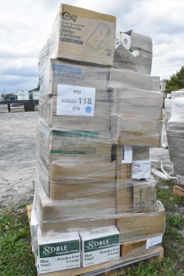 Pallet of 33 brand new items including paper towels, cold cups, and plates. Visible Choice and Noble brand labels.
