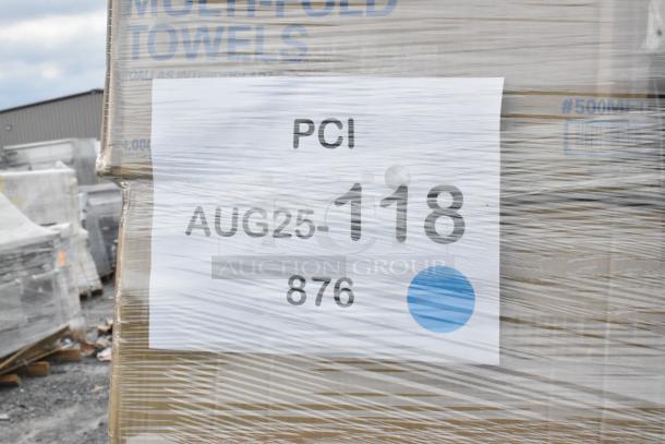 Pallet of scratch and dent items including paper towels, cold cups, and plates. Marked with PCI AUG25-118, wrapped in plastic.