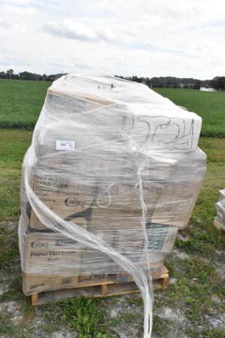 Pallet of 26 new scratch and dent items, including napkins, cold cups, and containers, wrapped in plastic.