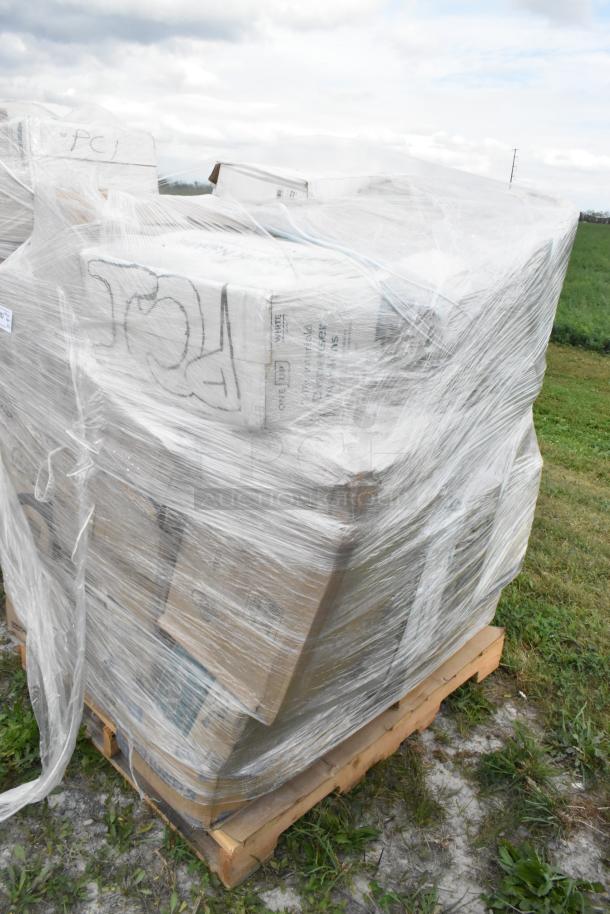 Pallet of 26 scratch and dent items, shrink-wrapped; includes napkins, cold cups, containers. Boxes labeled and stacked.