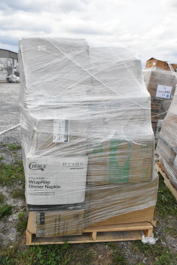 Pallet of scratch and dent items, including Choice napkins and food containers, wrapped, brand new condition.