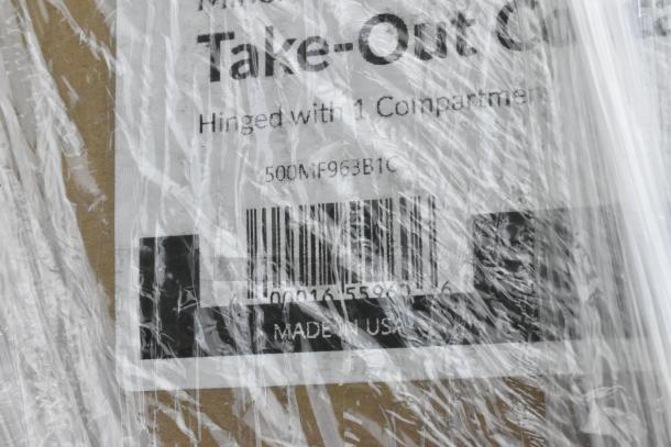 Plastic-wrapped package with visible label reading "Take-Out Container," hinged with 1 compartment, barcode, "Made in USA."