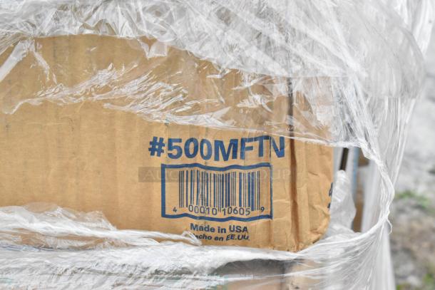 Cardboard box labeled "#500MFTN, Made in USA," wrapped in plastic. Contains new scratch and dent items.