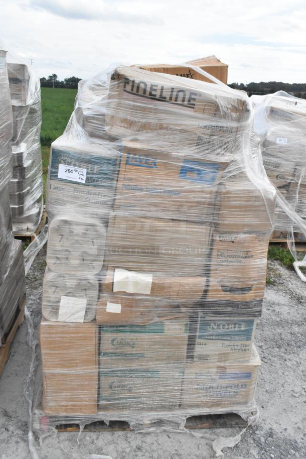 Shrink-wrapped pallet of mixed items including towels, gloves, shopping bags, and cold cups. New condition, labeled "264" with 30X multiple.