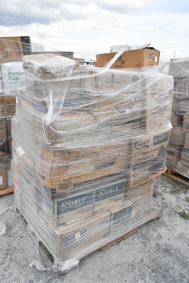 Pallet of 30 boxed scratch and dent items wrapped in plastic, including towels, gloves, bags, and cups, for auction.